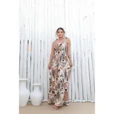 VESTIDO FEMININO LONGO ESTAMPADO FARME COM TUCANO TEM ALÇAS AJUSTÁVEIS E LASTEX NAS COSTAS