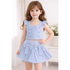 Conjunto Feminino Infantil Short Saia E Cropped alça Franzido com Gravatinha Tecido alfaiataria