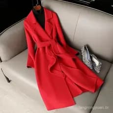 Outono inverno novo estilo casaco de lã feminino comprimento médio sobre o joelho fino ajuste atado
