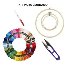 Kit Bordado Artesanal Completo 100 Linhas Meada+3 Bastidores com Tarraxa+Abridor de Casa P Costura 1 Tesoura Arremate