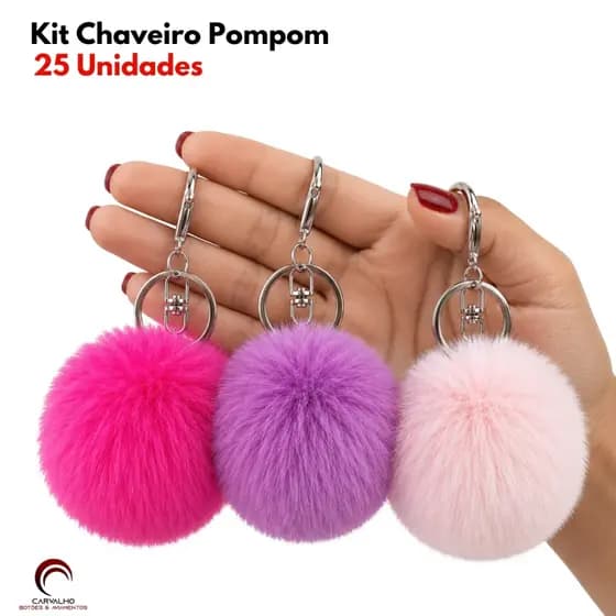 Kit 25 Chaveiros Pompom Pelúcia 70mm Com Argola Chaveiro Feminino Para Bolsa Mochila e Chaves