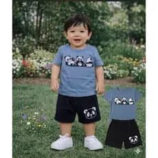 Conjunto Roupa Blusa Short e Camisa Infantil Bebê Menino Panda Manga Curta Azul Passeio Casual Meia Estação