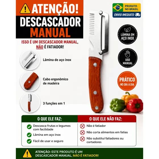 Descascador Multiuso 3 em 1 Aço Inox Cabo de Madeira para Legumes Frutas e Vegetais