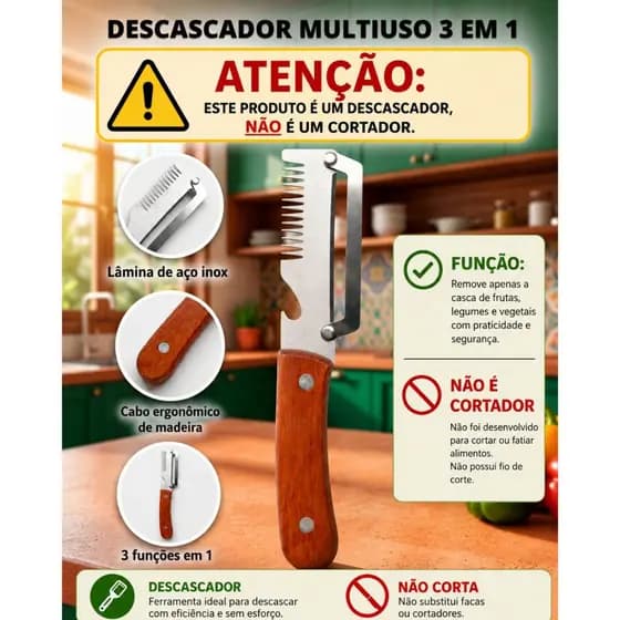 Descascador de Legumes Frutas 3 em 1 Multifuncional Aço Inox Batata Cenoura Cabo Madeira