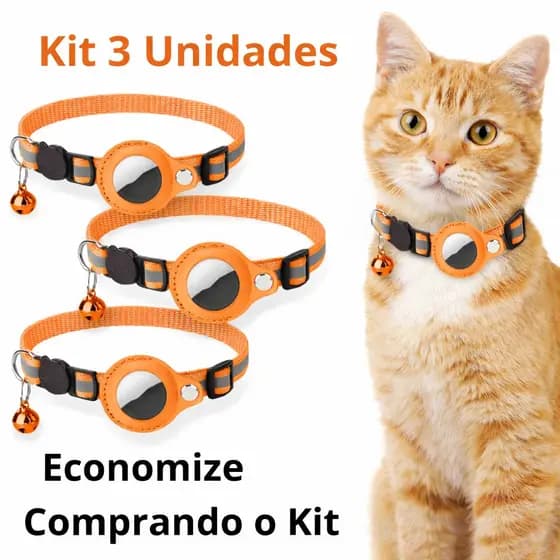 Kit3 Unid Premium Coleiras Refletivas p/ Gatos  c/ Sino e Suporte p/ Localizador (Não Incluso) Cores