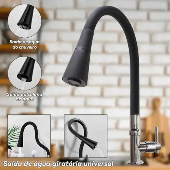 Torneira Flexível Silicone Preta Pia Cozinha Bancada Mesa 2 jatos