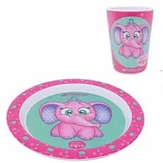 kit prato + copo infantil rosa ou verde dinossauro divertido