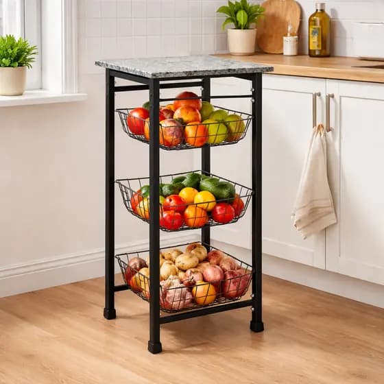 Fruteira Chão Cozinha  Preto Tampo Pedra Mármore Granito 3 Cestos Removíveis Klicmix