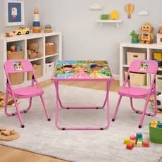 Conjunto Mesa Infantil com 2 Cadeiras Dobravels em Aco Jogo 3 Pecas Resistente Compacto
