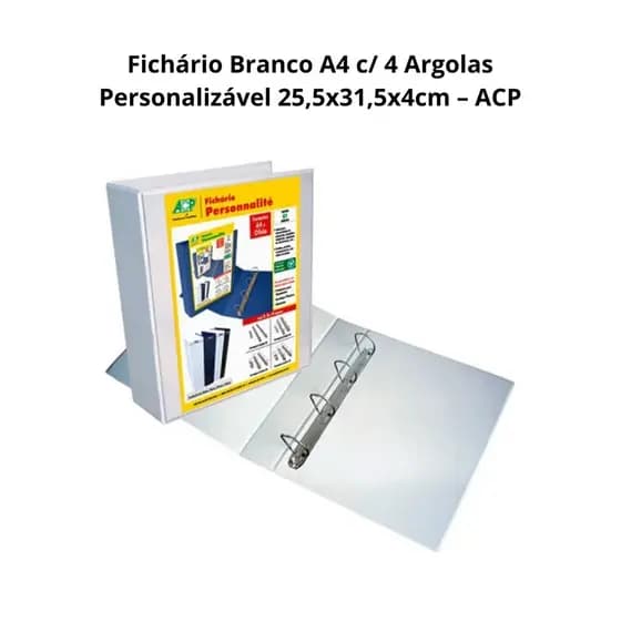 Fichário Escolar/Profissional Branco A4 com 4 Argolas – ACP