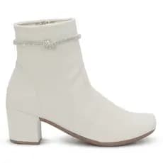 Coturno Feminino Off White Cano Curto Salto Grosso Confortável Fivela Brilhante Elegante Ref: 180