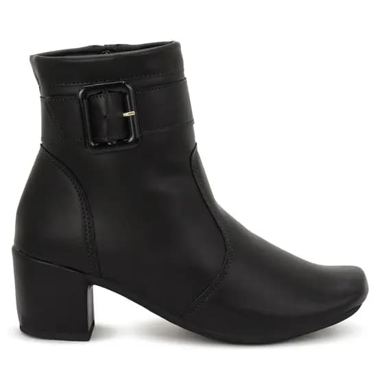 Bota Coturno Feminina Cano Curto Preto Salto Grosso Confortável com Fivela Elegante Casual Ref: 190