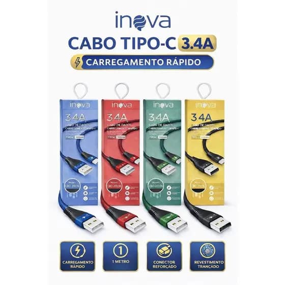 Cabo Tipo C Inova 3.4A Turbo Carregamento Rápido 1 Metro Reforçado
