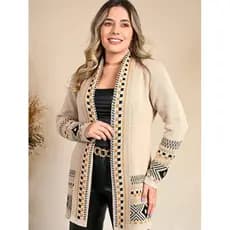 Cardigan Kimono Tricot Feminino Quadriculado Casaco teddy manga Longa Aberto  Elegante Charmy Tricot
