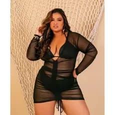Saida de praia plus size vestido em tule transparente com manga longa