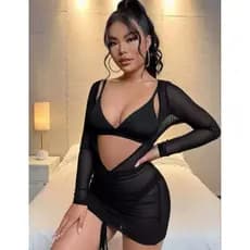 Saida de praia luxo vestido em tule com manga transparente com drapiado
