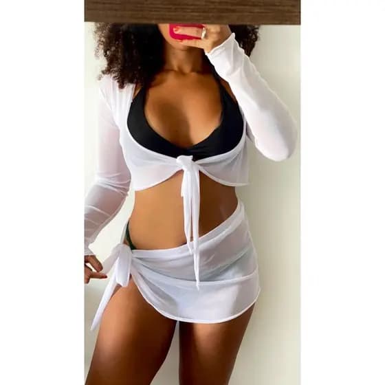Saida De Praia Conjunto Cropped com Mini Saia Amarração Em tule