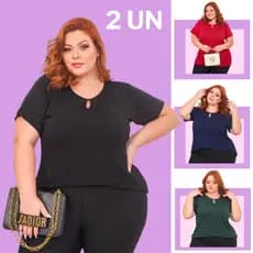 kit 2 Blusas variadas plus size feminina gola redonda com mangas soltinha dia- a- dia básica