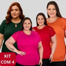 kit 4 blusas plus size feminina 4 MODELOS DIFERENTES gola redonda com manga soltinha