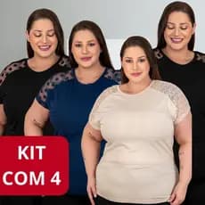 Kit 4 Blusas Plus Size Feminina Em Viscolycra Com Detalhe Renda Básica Casual Academia