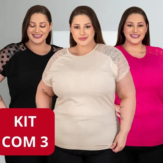 Kit 3 Blusas Plus Size Feminina Viscolycra Alta Elasticidade Caimento que Não Marca