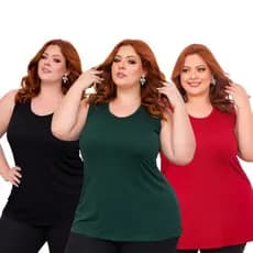 KIT 3 Regata Moda Plus Size Alça Larga  Em Malha Viscolycra com Elastano Feminina Tapabumbum