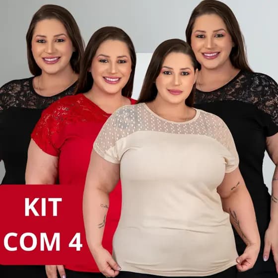 Kit 4 Camisas Feminina Social Plus Size Elegante Lisa Confortável Manga Curta Soltinha