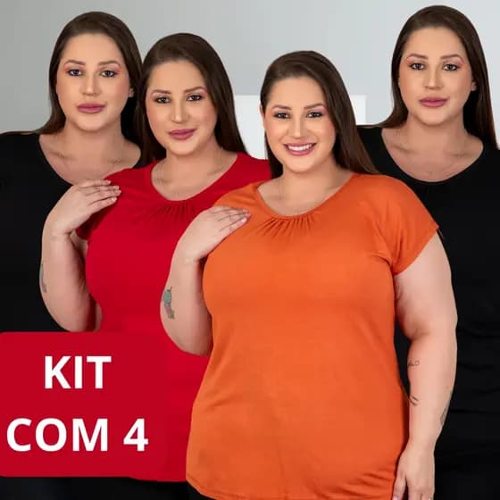 Kit 4 Blusas Plus Size Feminina Manga Curta Decote Redondo Conforto Dia A Dia