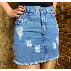 Saia Jeans Cintura Alta Feminina Barra Desfiada Destroyed Meia Coxa