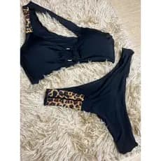 Conjunto Biquíni Preto Oncinha Mula Manca Um Ombro Só Feminino Praia