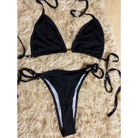 Biquini de Fita com Regulagem com Forro Praia Preto Vermelho Branco
