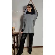 Poncho Feminino Tricô Manga Longa Xadrez Fenda Nas Laterias Chique Inverno