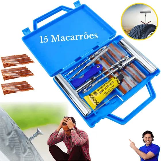Kit Reparo Pneu Sem Câmara + Maleta 15 Remendos Moto E Carro Remendo Metal Macarrão Motos Refis
