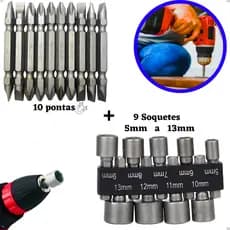 Kit Com 9 Soquetes 5 A 13mm + Kit 10 Ponteiras Parafusadeira Bits Ponteira Fenda Philips Canhão Jogo