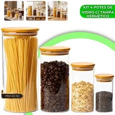 Conjunto 4 Potes De Vidro Herméticos Tampa Bambu Organizador Jogo Porta Mantimento Cereais Cozinha