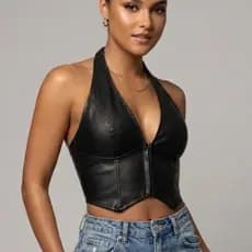 Cropped Couro com Bojo, zíper Decote V Elástico nas Costas Frente única moda  tendencia Feminina estilo corset