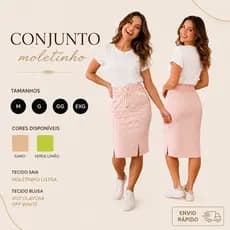 Conjunto Feminino moda evangélica Forrado Blusa com Saia Mídi Listrada com fenda Cintura Alta bolsos