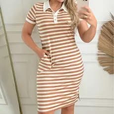 Vestido Evangélico Midi Listrado com Gola Polo e Bolsos Look Casual Elegante e Confortável feminino
