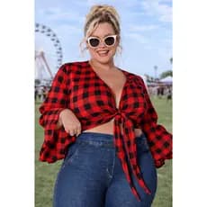 Cropped Feminino Plus Size Xadrez Decote V Moda Sertaneja