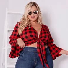 Cropped  Xadrez  Manga Flare Moda Feminina Tendência festa junina