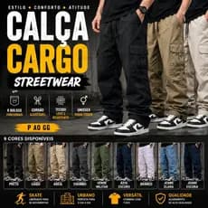 Calça Cargo Masculina Streetwear Skate 6 Bolsos Sarja Unissex Cordão Ajustável