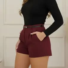 Short Alfaiataria Com Cinto Feminino Com Bolso Com Zíper Na Lateral 2026 Top
