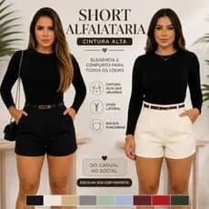 Short Alfaiataria Feminino Cintura Alta Social Com Cinto Elegante Premium