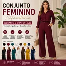 Conjunto Feminino Alfaiataria Camisa Manga Longa e Calça Pantalona Social Elegante Moda Blogueira