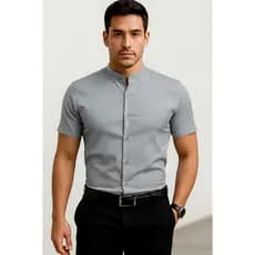Camisa Masculina de Manga Curta Moderna  Gola Mandarim Tecido com Elasticidade e Corte Slim Fit