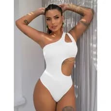 Maiô Body Nula Manga Feminino Com Recorte Vazado Bojo Moda Praia e Piscina Verao
