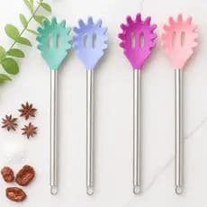 Colher Silicone Pegador Macarrão Massa Salada Inox Premium 33 cm Cabo Longo Utensilio Cozinha