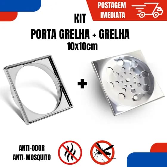 KIT Porta Ralo + Grelha Para Ralo 10x10cm em ABS INOX Cromado Tampa Banheiro Lavanderia Quintal