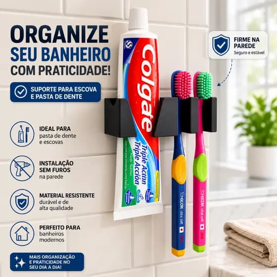 Suporte 2 escovas Porta Escova de Dente e Pasta Organizador de Banheiro Parede Autoadesivo Sem Furar