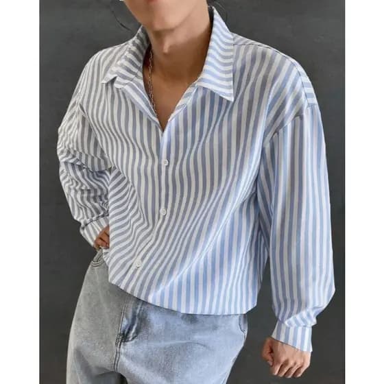 Camisa Casual de Manga Longa Urbana Estilo Colorido, com Gola de Arte Listrada Azul e Branca